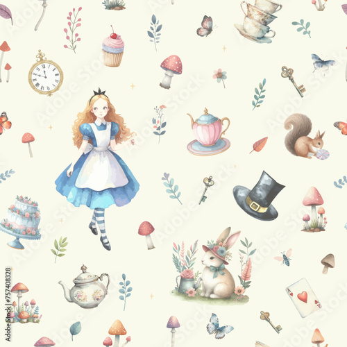 Watercolor wonderland seamless pattern background. Alice in Wonderland.