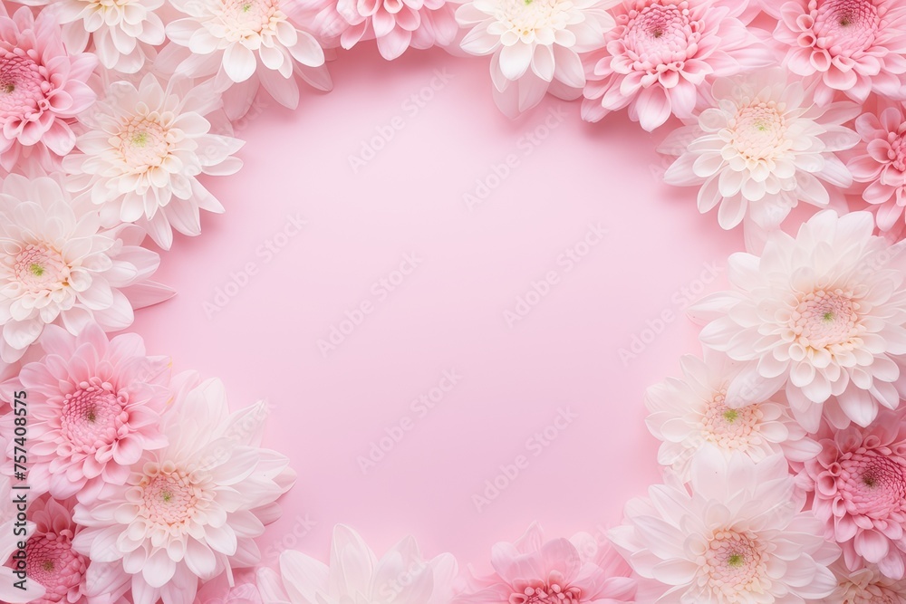 Beautiful floral frame of pink and white chrysanthemums with copy space on a pink background.