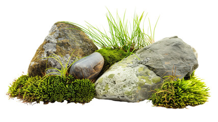 Green moss, accompanied by ornamental stones and grass isolated on transparent background