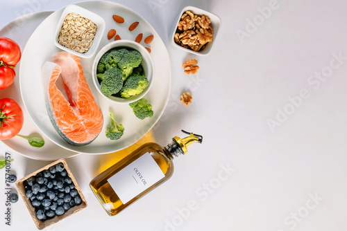 Fresh whole unprocessed food, anti-inflammatory diet products, healthy nutrition composition, top view photo