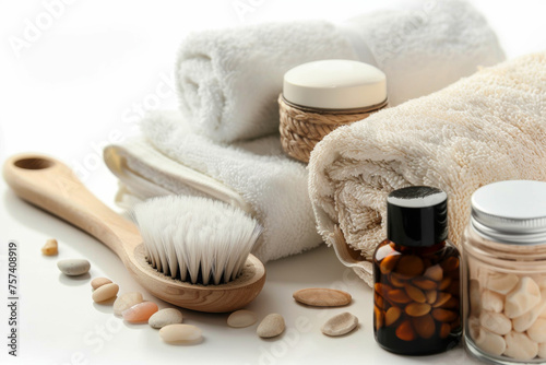 Towels, eco cosmetics in cute jars, bamboo body brush. Beauty and self-care.