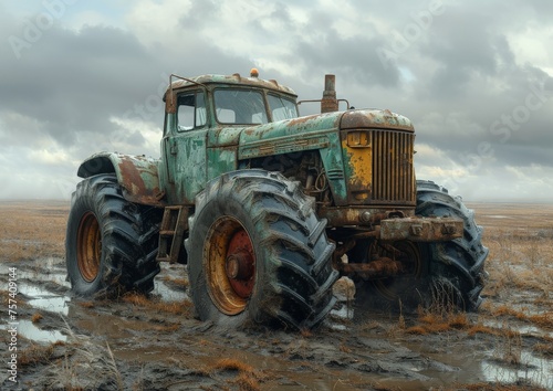 An old, rusty tractor with huge wheels, abandoned in the middle of a deserted muddy field under overcast sky