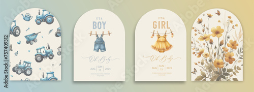Cute baby shower watercolor arch invitation card with clothes for newborns drying on a rope. photo