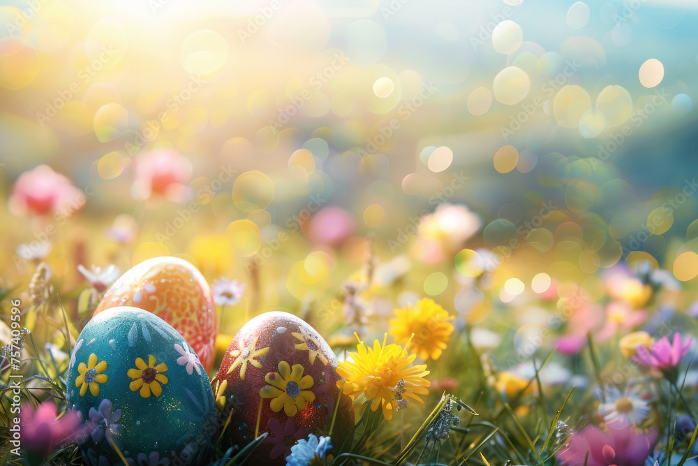 Colorful Easter Eggs in a Spring Meadow with Space for Copy Colorful Easter Eggs in a Spring Meadow with Space for Copy