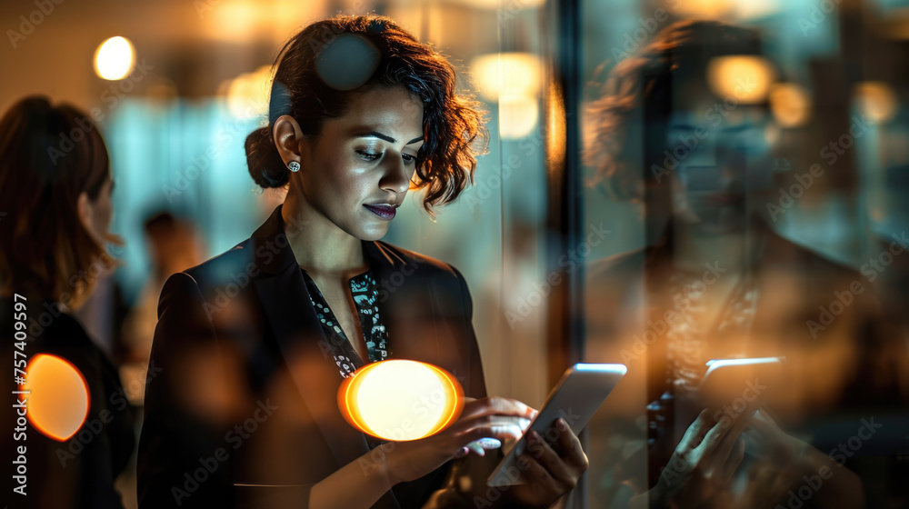 Smiling woman looking at her smartphone, standing in a modern office Smiling woman looking at her smartphone, standing in a modern office