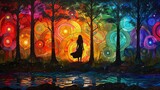 Silhouette of a woman against a kaleidoscopic stained glass backdrop with tree silhouettes, creating a magical atmosphere.