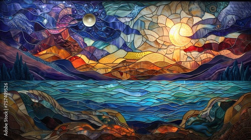 An artistic mosaic rendering of a seascape featuring waves and a glowing sunset captured in rich, warm colors. © soysuwan123