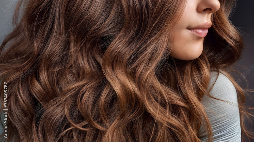 A closeup the long, wavy strands of a woman vibrant brown hair. Generative AI.