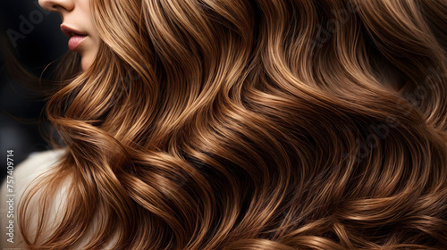 Closeup hair, undulating waves of a woman vibrant crimson locks. Generative AI.