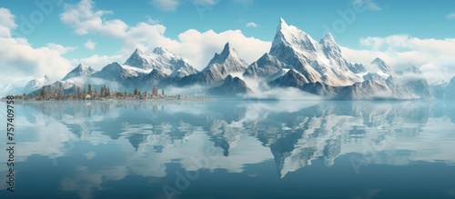 Panorama of mountain peaks with calm and clear lakes with reflected shadows