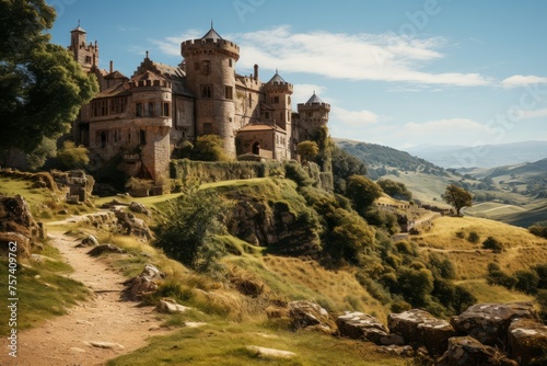 A grand castle perches atop a hill in the heart of a valley under a vast sky