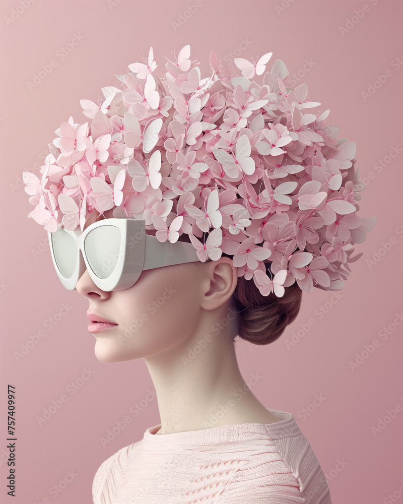 Portrait of a young woman wearing a pink butterfly hat and glasses on pastel pink background. A collage concept artwork essence of fashion.