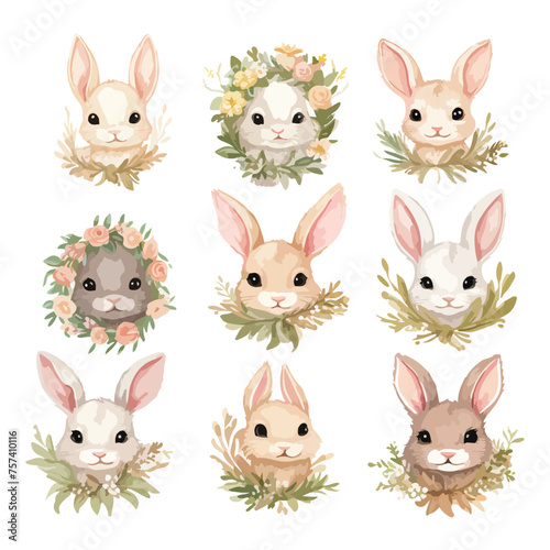 Flower Crown Bunnies Clipart isolated on white