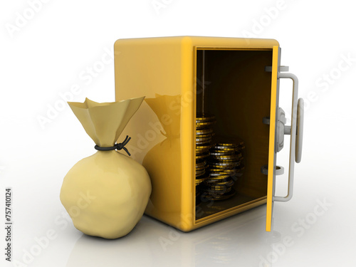 3d rendering Gold coins with locker near money bag