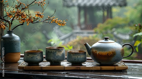 Tranquil tea ceremony scene with ceramic teapot and cups on wooden table. traditional asian culture. serene and zen atmosphere. AI