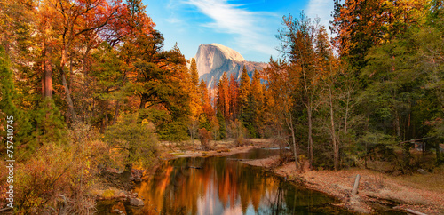 Colorful Trees, river and mountain landscape.