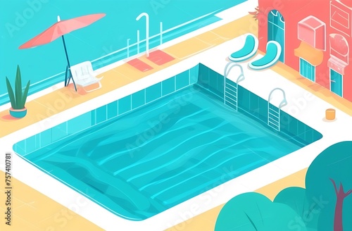 Illustration in a simple cute style: swimming pool and deck chairs, top and side view