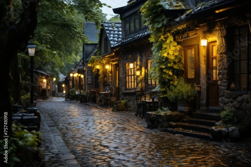 Houses and trees lining a cobblestone street at night