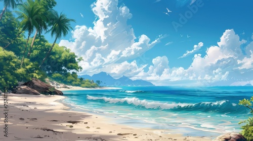 Dreamy Sea Shore Tranquility Illustrated in Wallpaper © RizArt