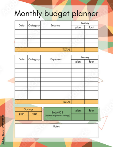 Budget planner monthly template page. Financial plan of incomes, expenses and savings in month. Money accounting for family household or business. Vector flat printable blank worksheet poly art style