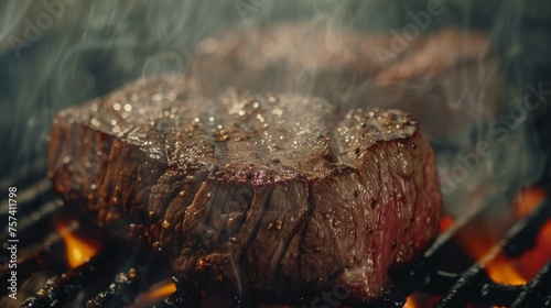 Close-up of a succulent steak cooking on a grill with flames, smoke rising, highlighting the textures and juices