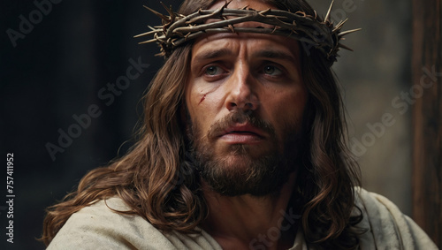 Photorealistic close-up portrait of Jesus Christ with a crown of thorns, depicting the poignant moment of His crucifixion.