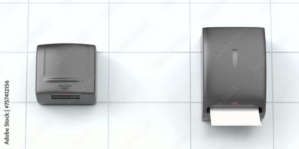 Black automatic paper towel dispenser and electric hand dryer in public toilet 