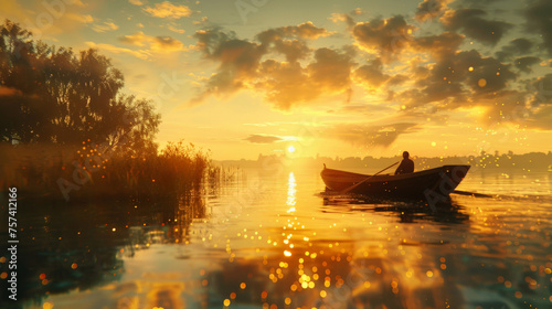 A serene rowboat silhouette against a shimmering sunset on a tranquil lake with golden light reflections