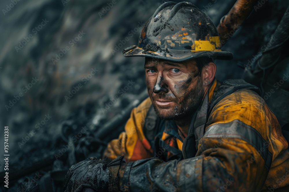 Portrait of a soot-covered firefighter