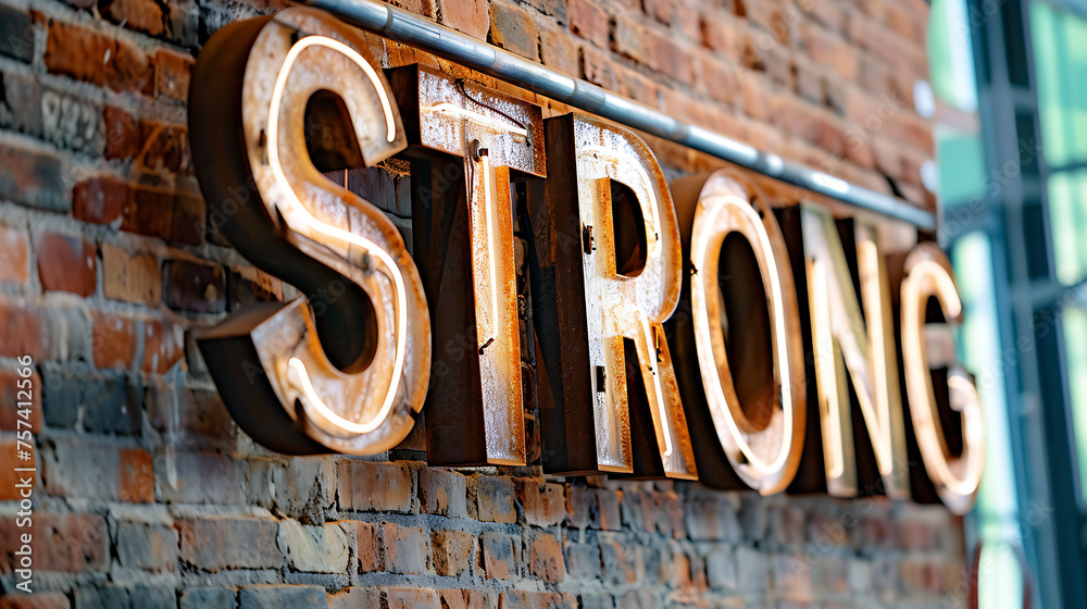 illuminated sign reading “STRONG,” affixed to urban brick wall, exuding modern yet industrial aesthetic. illuminated sign reading “STRONG,” affixed to urban brick wall, exuding modern yet industrial aesthetic.