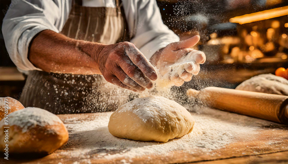 Close-up of two wrinkled hands of an old baker kneading dough by hand, with sprinkles of flour on a wooden table with a rolling pin. Artisan bakery or pastry shop concept. Generative Ai.