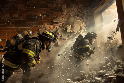Heroic firefighters in action photo