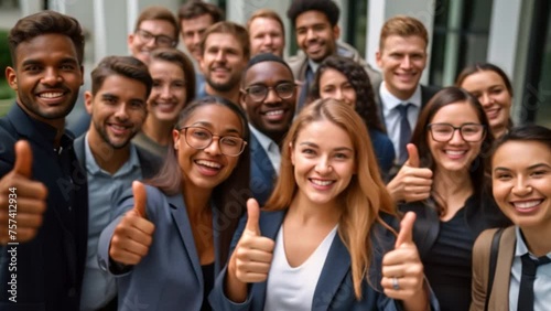 Very happy employees give a thumbs up recommending the company's good quality services. Smiling coworkers from different nationalities celebrate success or victory. photo
