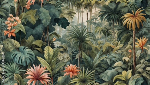 Retro wallpaper pattern showcasing a lush jungle landscape painted in soft watercolor hues. © xKas