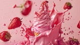 Delicious strawberry ice cream cone explosion isolated white background. AI generated image