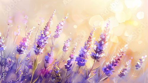 Painted lavender flowers on sunny day light bokeh background 