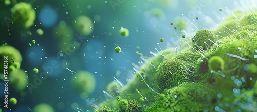 Green moss growing in the air with spore cells