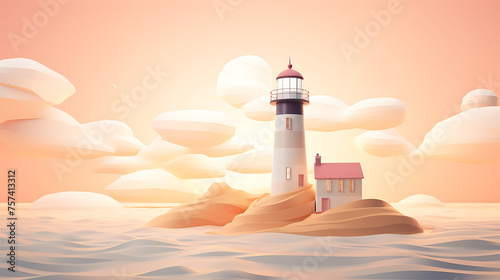 Pastel 3D Render of Lighthouse Amidst Gentle Waves Golden Hour