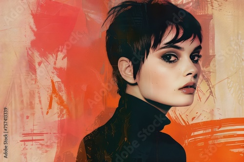 A young woman with short hair in trendy bohemian fashion, exuding a chic and creative vibe in a modern, artistic portrait. She embodies a stylish, feminine, and beautiful lifestyle with a unique sens