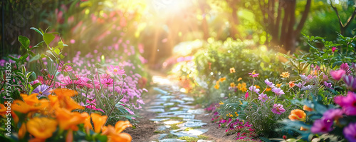 Garden path with a variety of bright flowers and plants