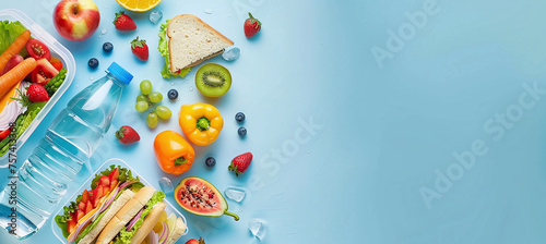 lunch box with sandwiches, fruits and vegetables, water bottle on blue background