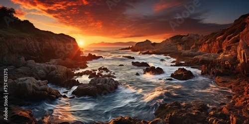 Dramatic sunset paints the sky over rocky shoreline, waves crashing on rocks