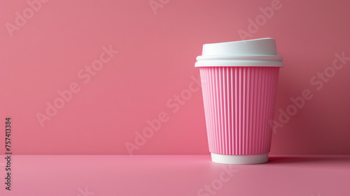 Minimalist pink coffee cup on a matching background.