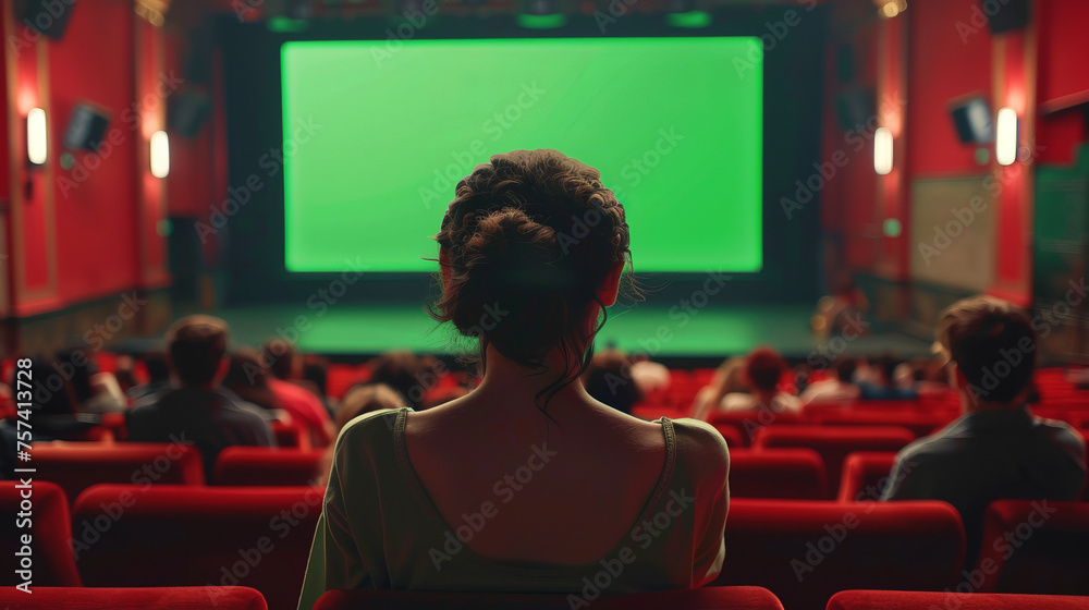 people in the cinema, back view, green blank screen . people in the cinema, back view, green blank screen .