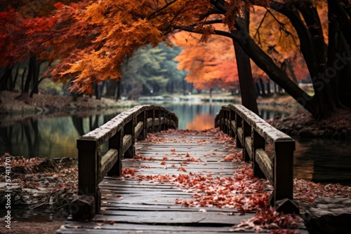 Natural landscape with wooden bridge over lake, surrounded by autumn trees © JackDong