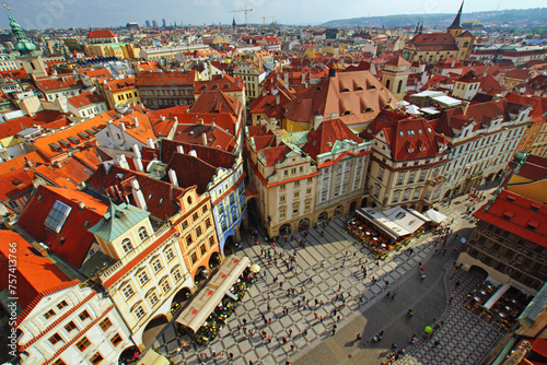 Panoramic aerial view of the Old Town Square (Staromestske namesti or Staromak), historic square in the Old Town quarter of Prague, the capital of the Czech Republic photo