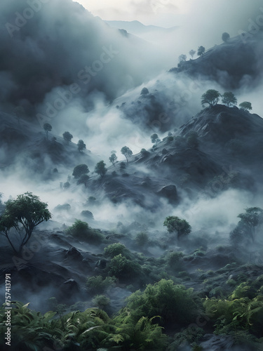 Ethereal Mountains Shrouded in Smoke and Fog. generative AI