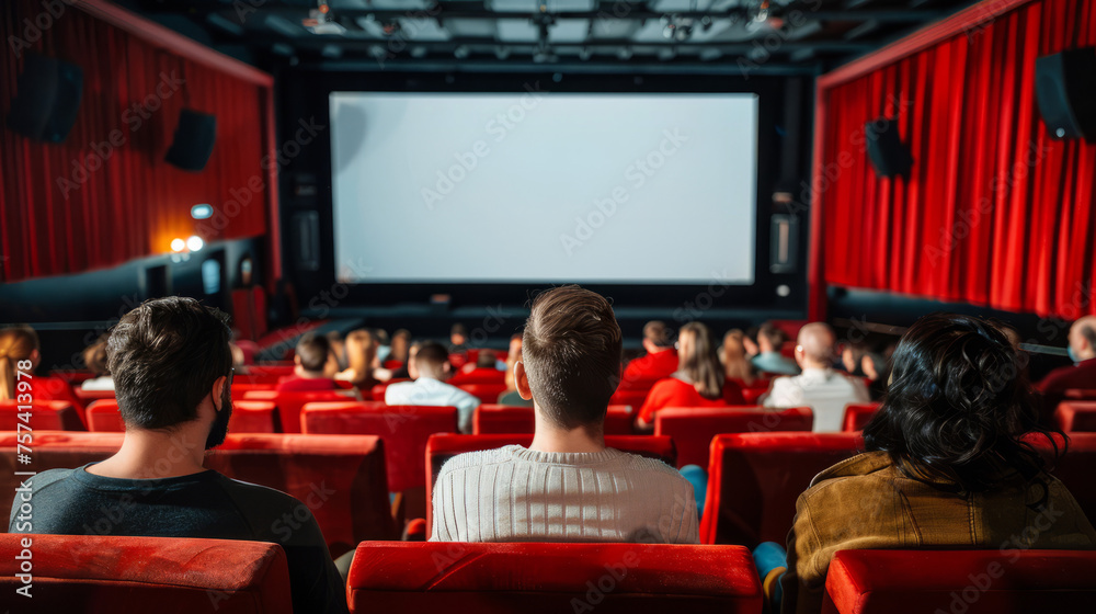people in the cinema, back view, white blank screen. people in the cinema, back view, white blank screen.