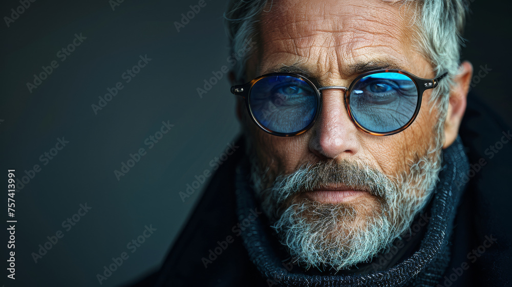 Intense bearded man with blue reflections in his glasses, mysterious allure. Intense bearded man with blue reflections in his glasses, mysterious allure.