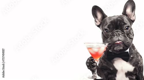 French bulldog dog holding martini cocktail glass ready to have fun and party, isolated on white background © Natalina